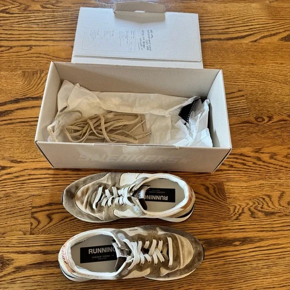 Golden Goose Beige & White Running Sneakers
